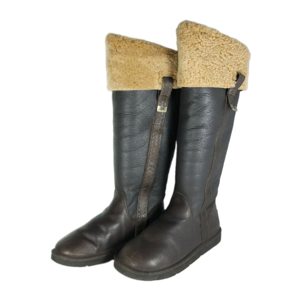 UGG Women's locarno US9 Brown Leather Sheepskin Inside Zip Knee High Winter Boot